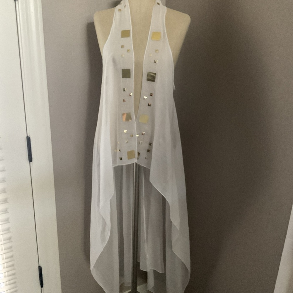 swim cover up white sheer cotton maxi from Turkey with Gold Accents Sz M - Picture 3 of 16